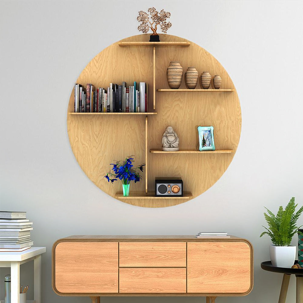 Circle Shape Backlit Wooden Wall Shelf | Oak Finish Décor - Decorsmart
