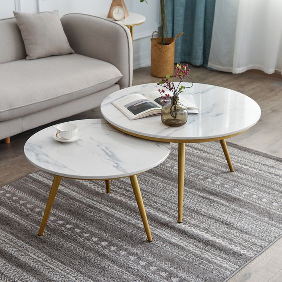 Modern Marble Top Nesting Tables with Golden Legs ‚Äì Set of 2