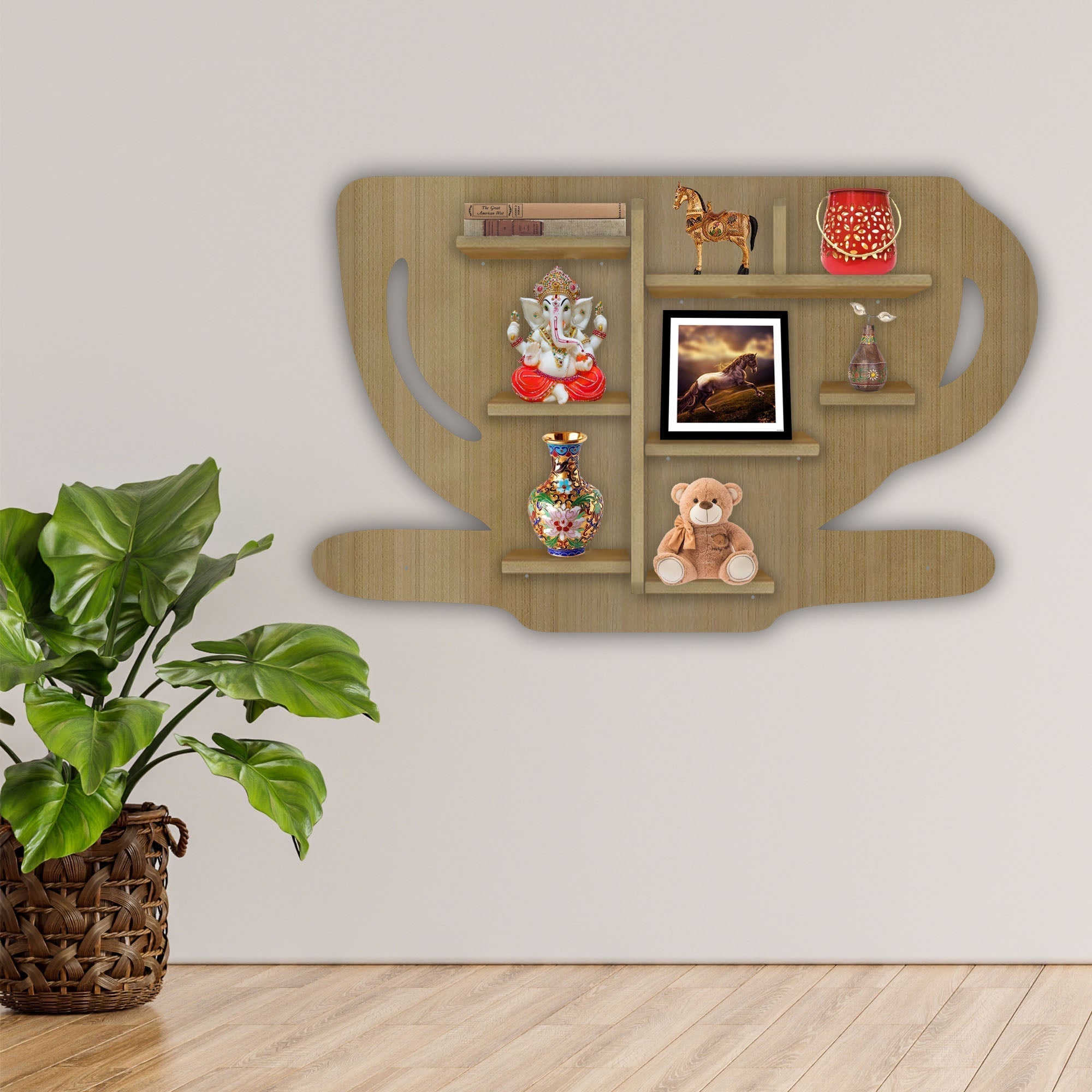 Coffee Cup Shape Wooden LED Wall Shelf | Oak Finish | Kids & Home Decor - Decorsmart