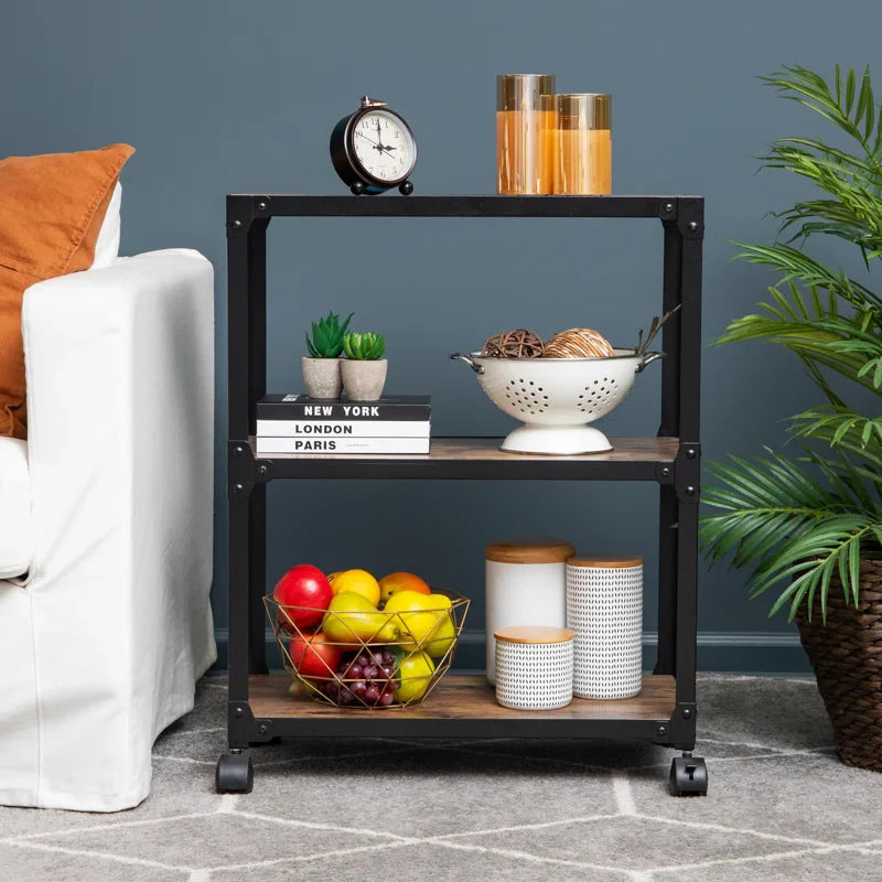Compact Rustic Bar Cart with Wooden Black Frame