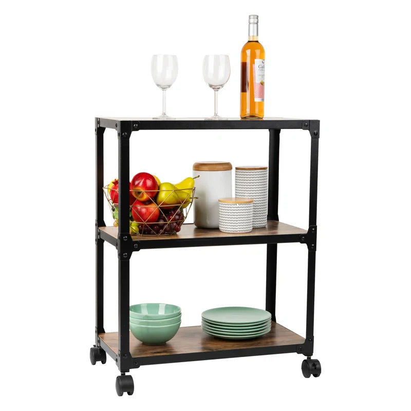 Compact Rustic Bar Cart with Wooden Black Frame