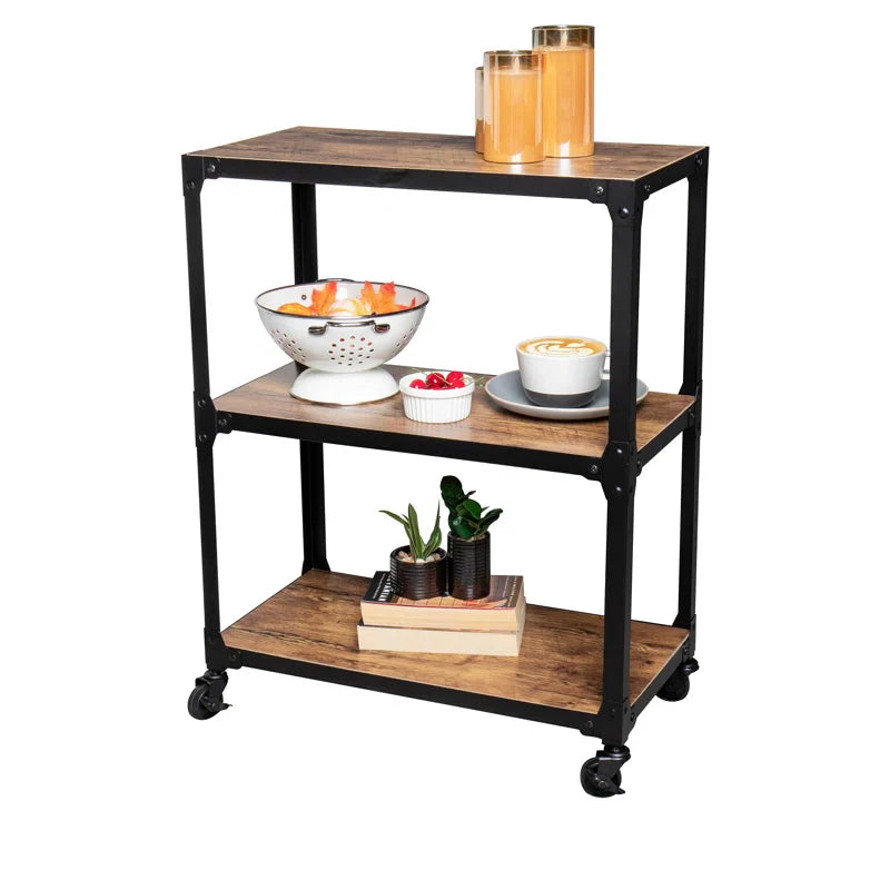 Compact Rustic Bar Cart with Wooden Black Frame