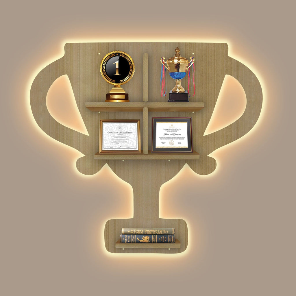 Competition Trophy Shape Wooden LED Wall Shelf | Oak Finish Décor - Decorsmart