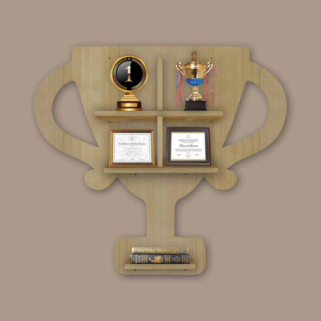 Competition Trophy Shape Wooden LED Wall Shelf | Oak Finish Décor - Decorsmart