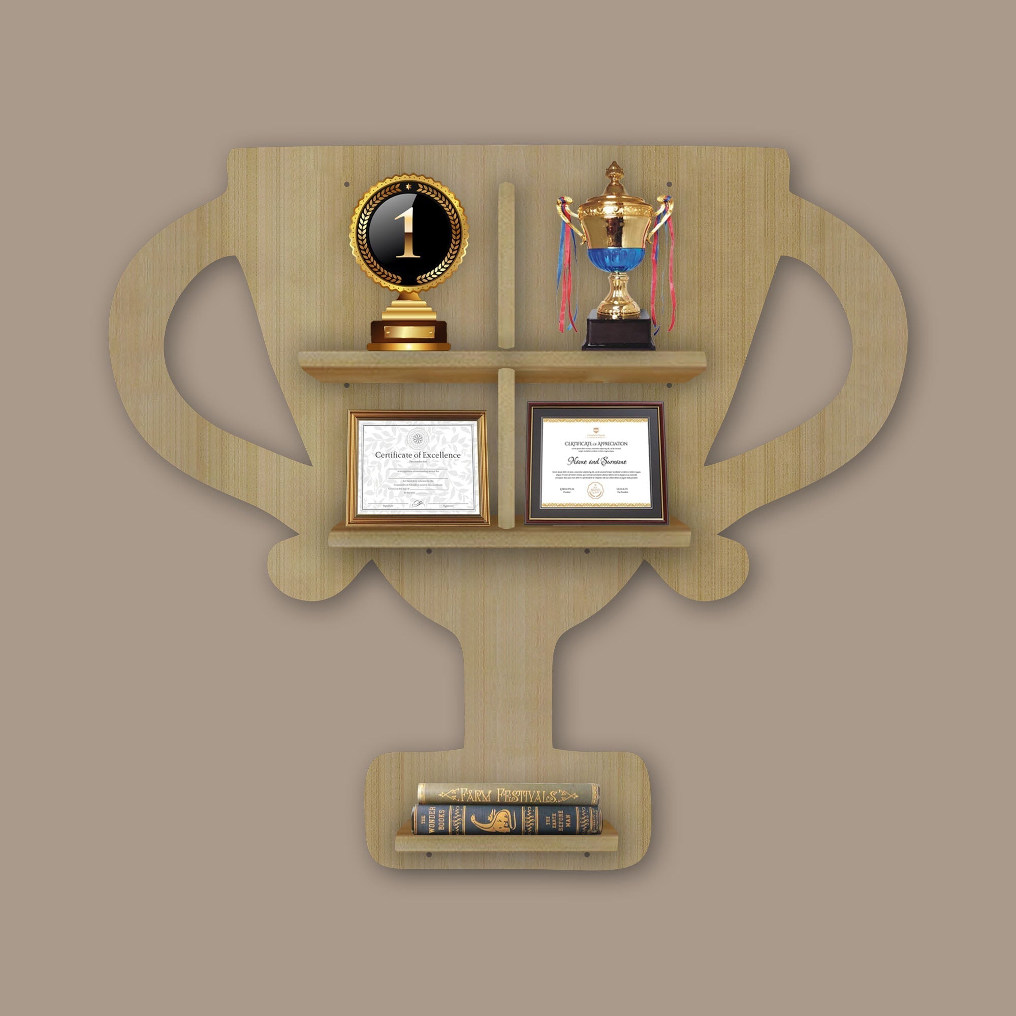 Competition Trophy Shape Wooden LED Wall Shelf | Oak Finish Décor - Decorsmart