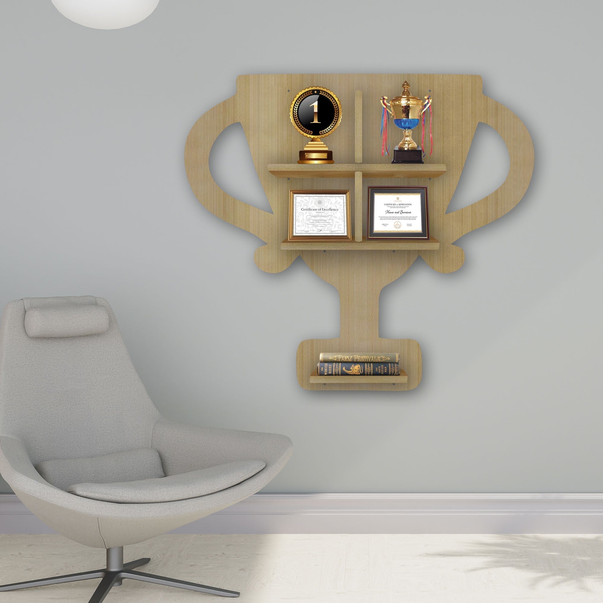 Competition Trophy Shape Wooden LED Wall Shelf | Oak Finish Décor - Decorsmart