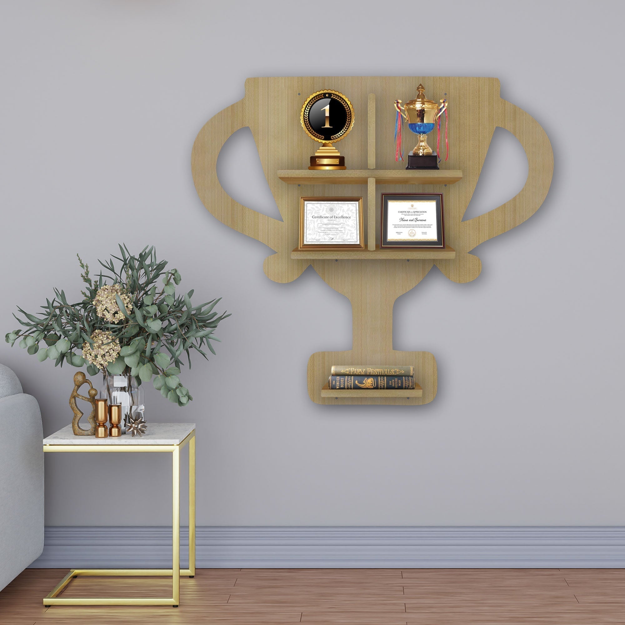 Competition Trophy Shape Wooden LED Wall Shelf | Oak Finish Décor - Decorsmart