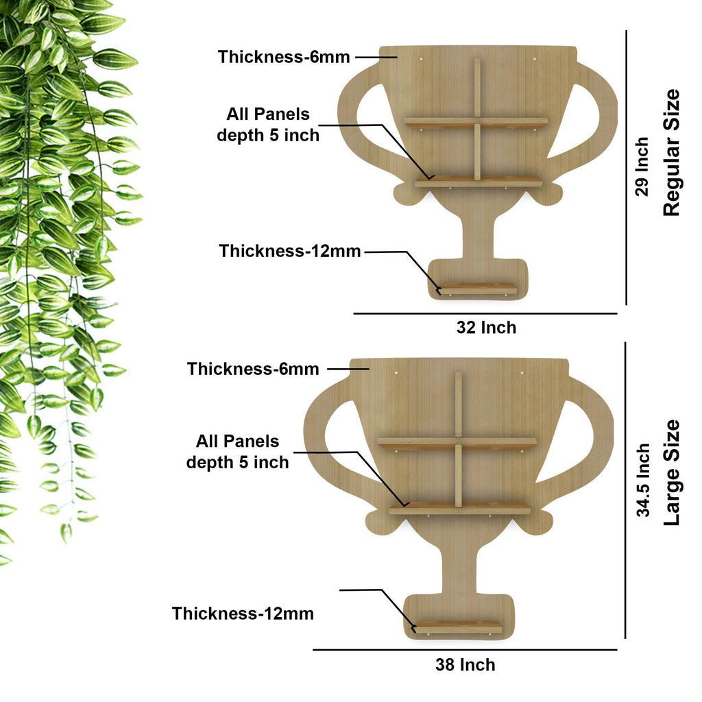 Competition Trophy Shape Wooden LED Wall Shelf | Oak Finish Décor - Decorsmart