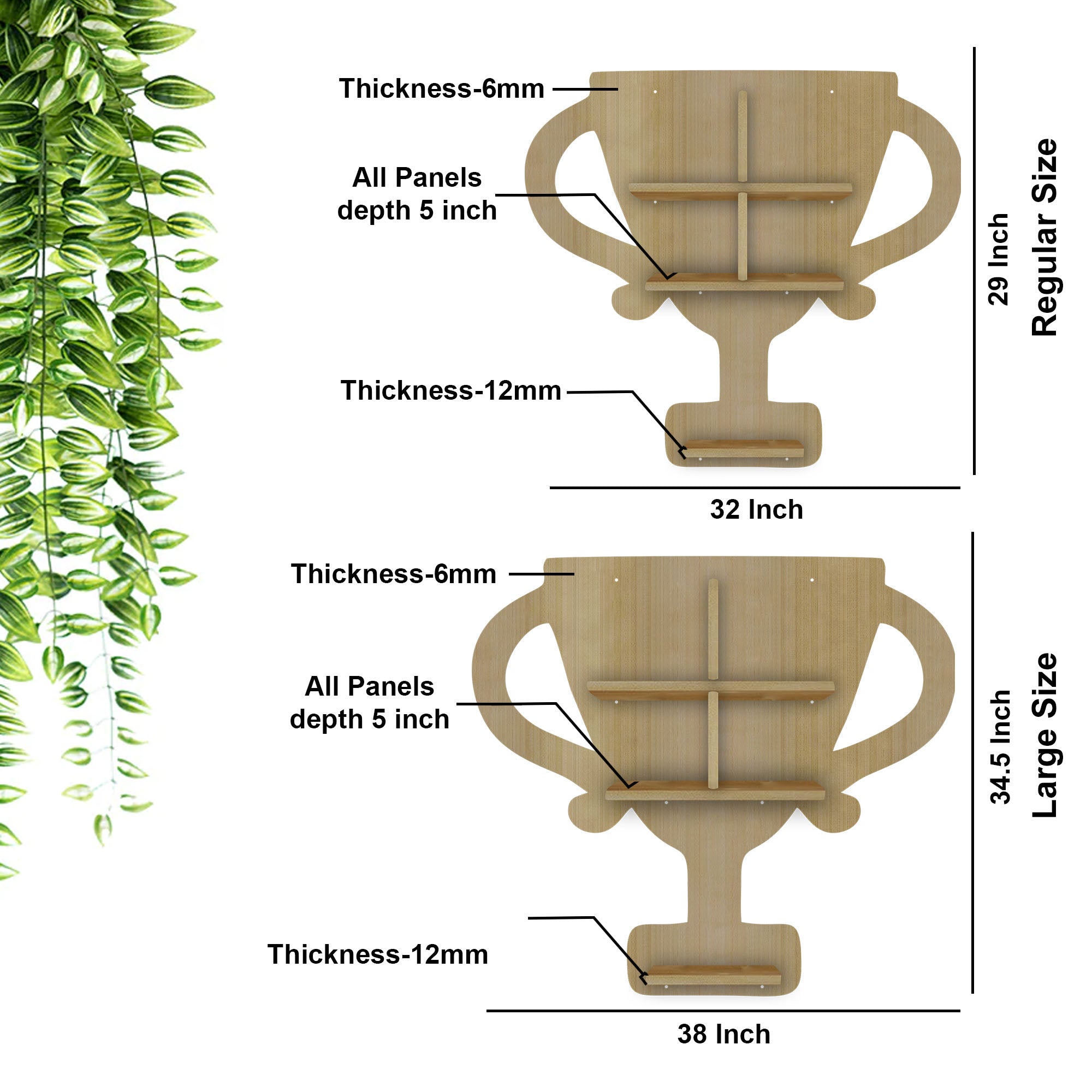 Competition Trophy Shape Wooden LED Wall Shelf | Oak Finish Décor - Decorsmart