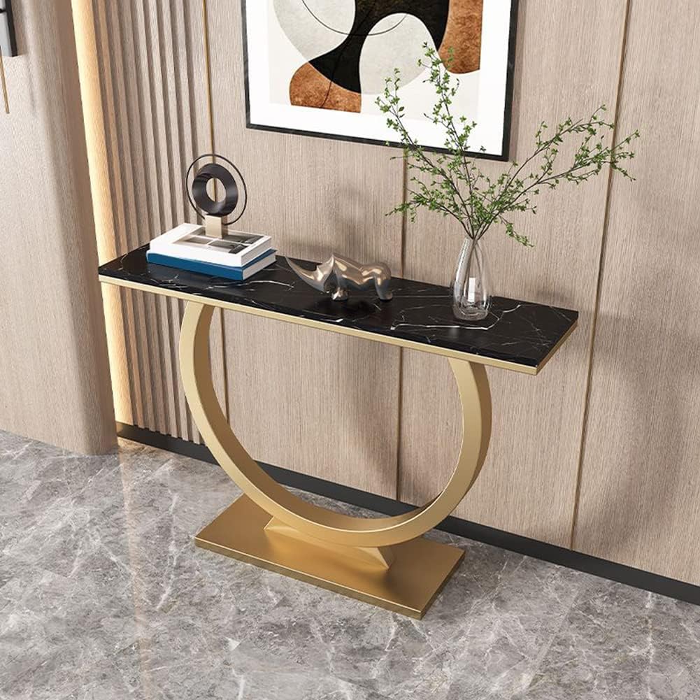 Contemporary Black Marble Console Table with Artistic Gold Circle Support