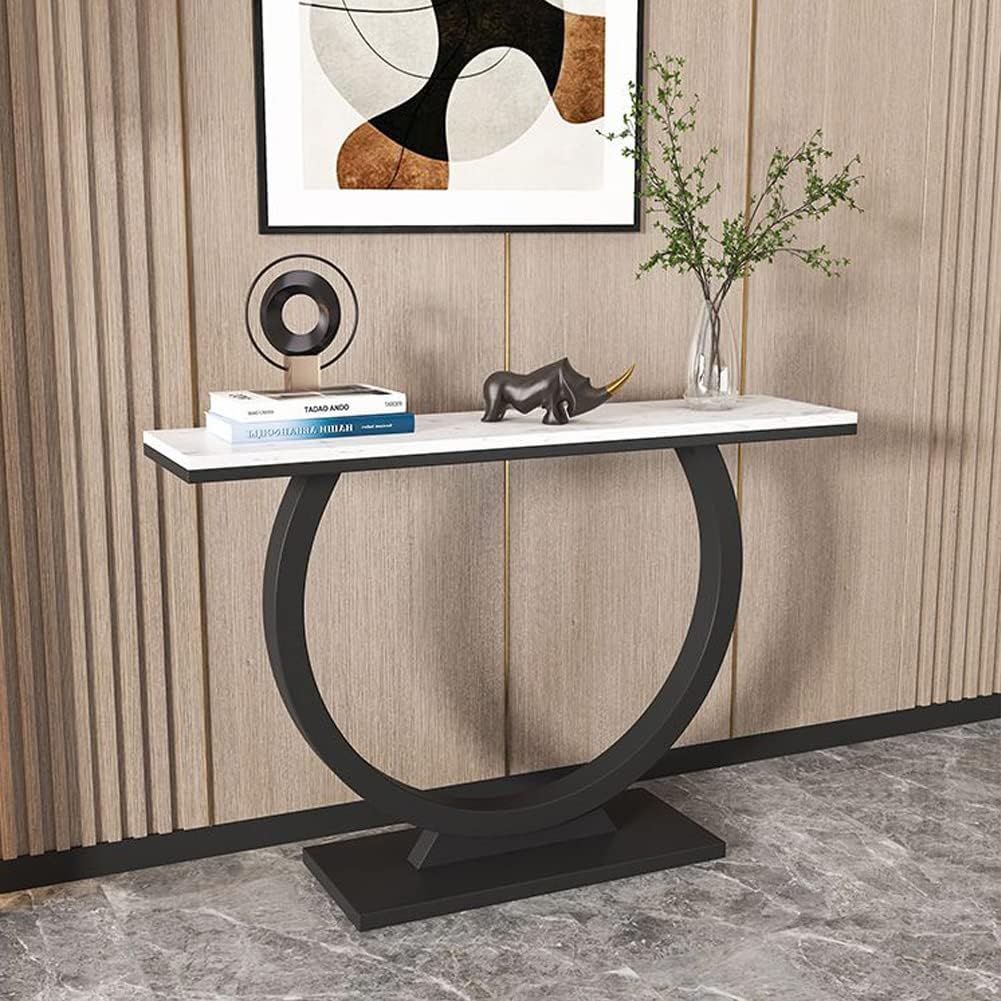 Contemporary Marble Console Table with Artistic Black Circle Support