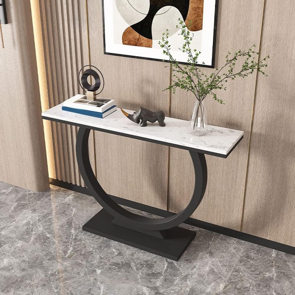 Contemporary Marble Console Table with Artistic Black Circle Support