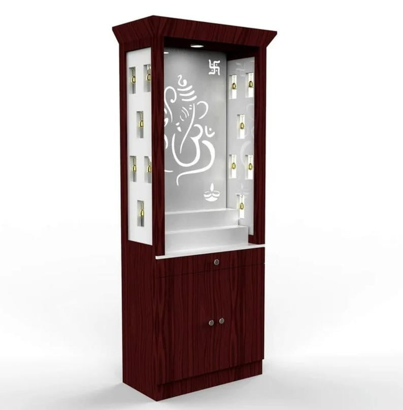 Contemporary Puja Unit with Storage and Designer Ganesha Back
