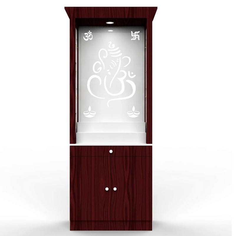 Contemporary Puja Unit with Storage and Designer Ganesha Back