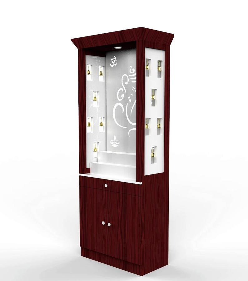 Contemporary Puja Unit with Storage and Designer Ganesha Back