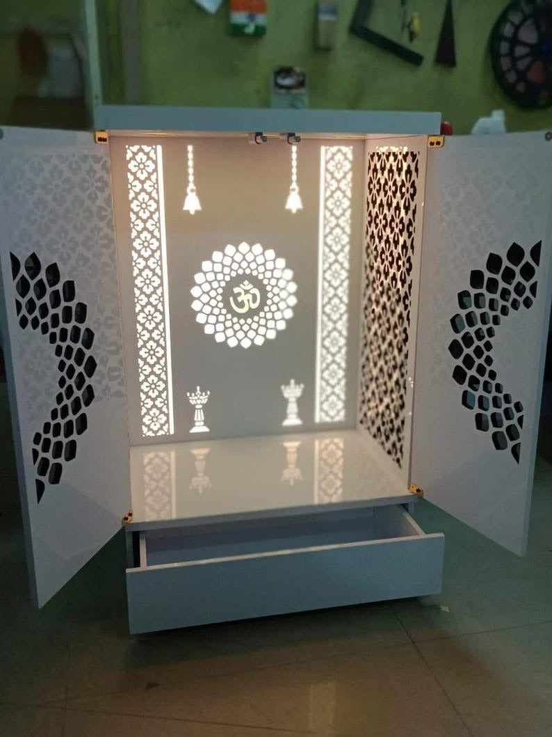 Contemporary Wooden Temple with Illuminated Om and Side Panels