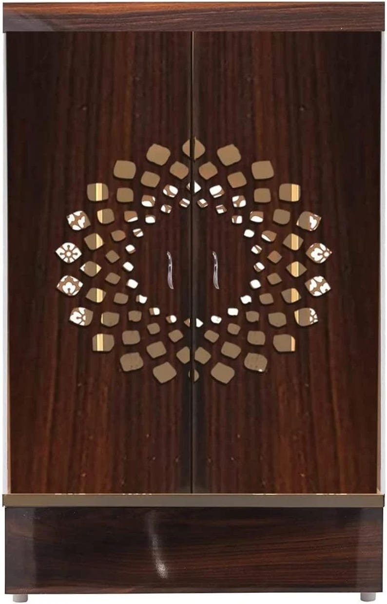 Contemporary Wooden Temple with Illuminated Om and Side Panels