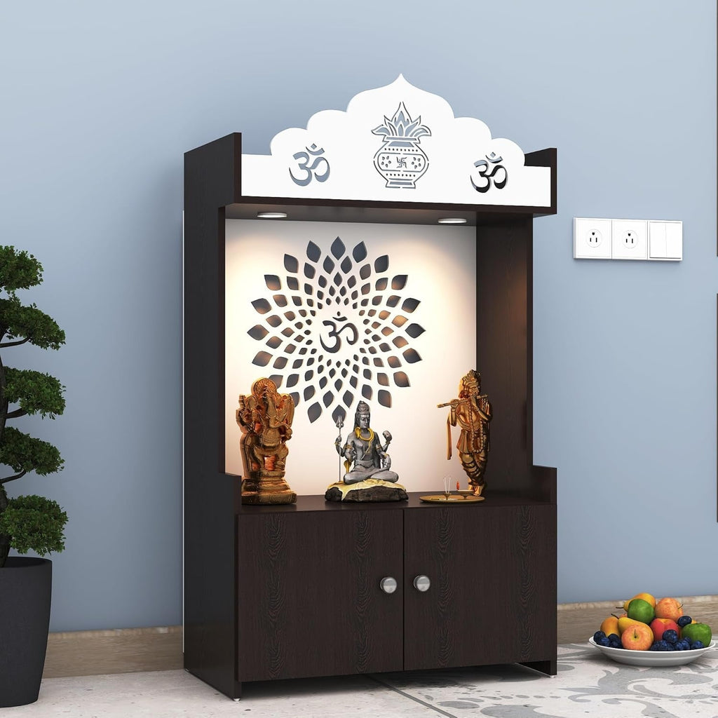 Dark Wooden Floor Pooja Mandir with Kalash & Om Top Design Lotus Pattern Back Panel Storage Cabinet