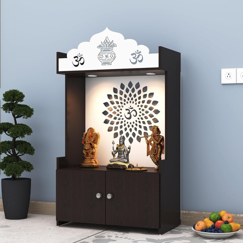 Dark Wooden Floor Pooja Mandir with Kalash & Om Top Design Lotus Pattern Back Panel Storage Cabinet