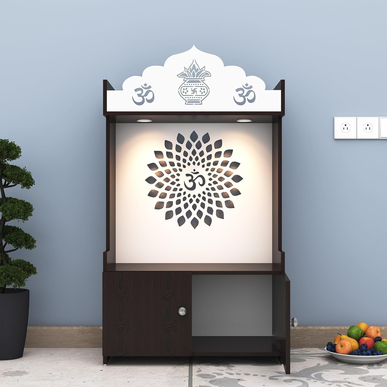 Dark Wooden Floor Pooja Mandir with Kalash & Om Top Design Lotus Pattern Back Panel Storage Cabinet