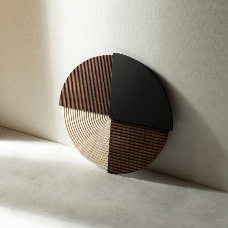 Decorative Round Panel with Carved Wood and Matte Black Finish