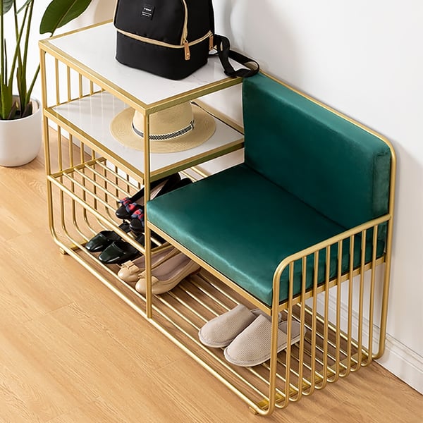 Faux Marble Green Velvet Modern Bench with Shoe Rack