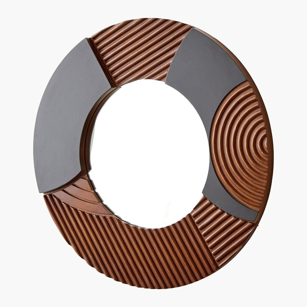 Designer Accent Mirror with Carved Wood and Black Panels