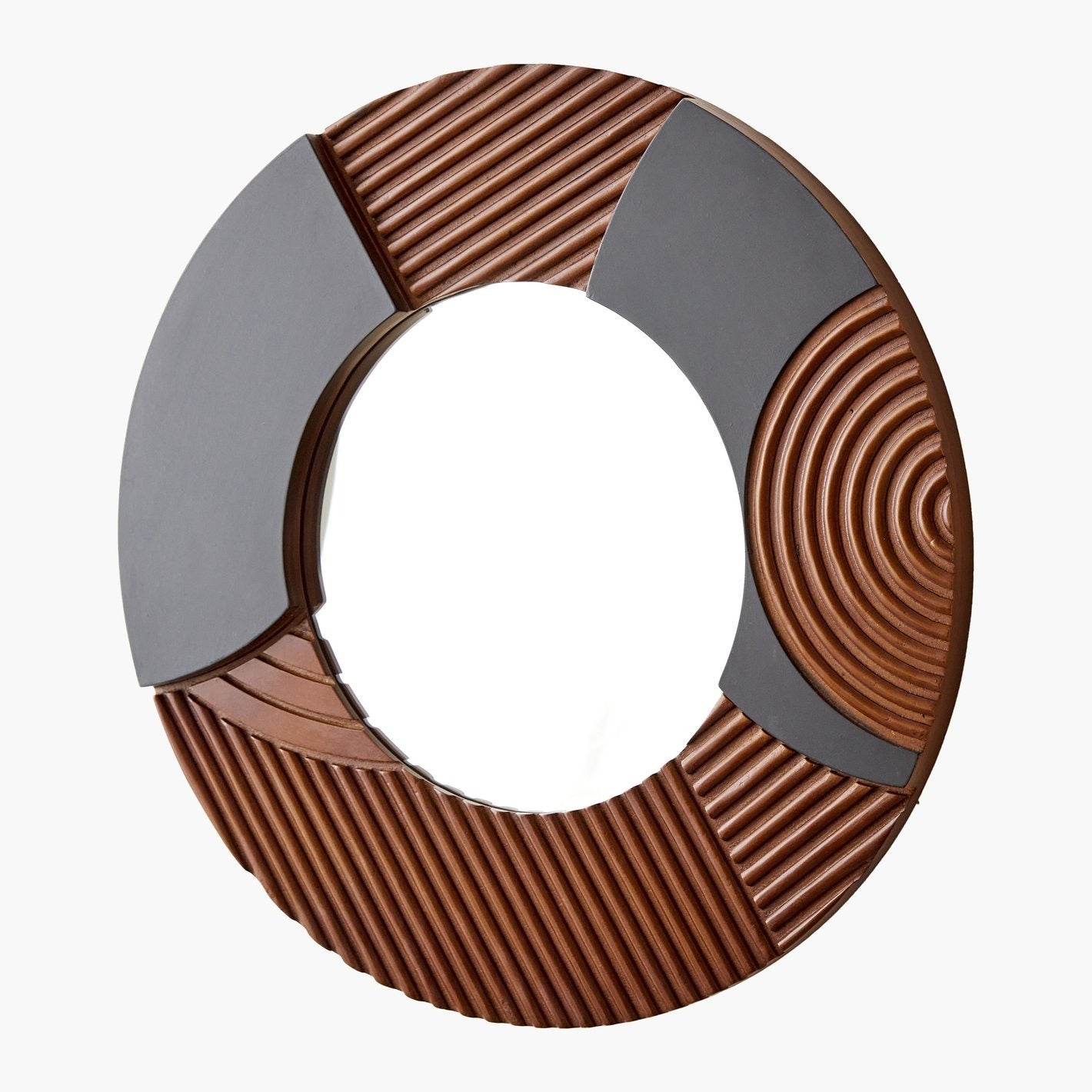 Designer Accent Mirror with Carved Wood and Black Panels