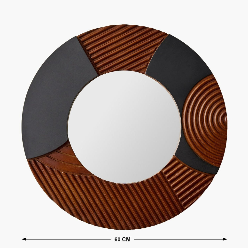 Designer Accent Mirror with Carved Wood and Black Panels