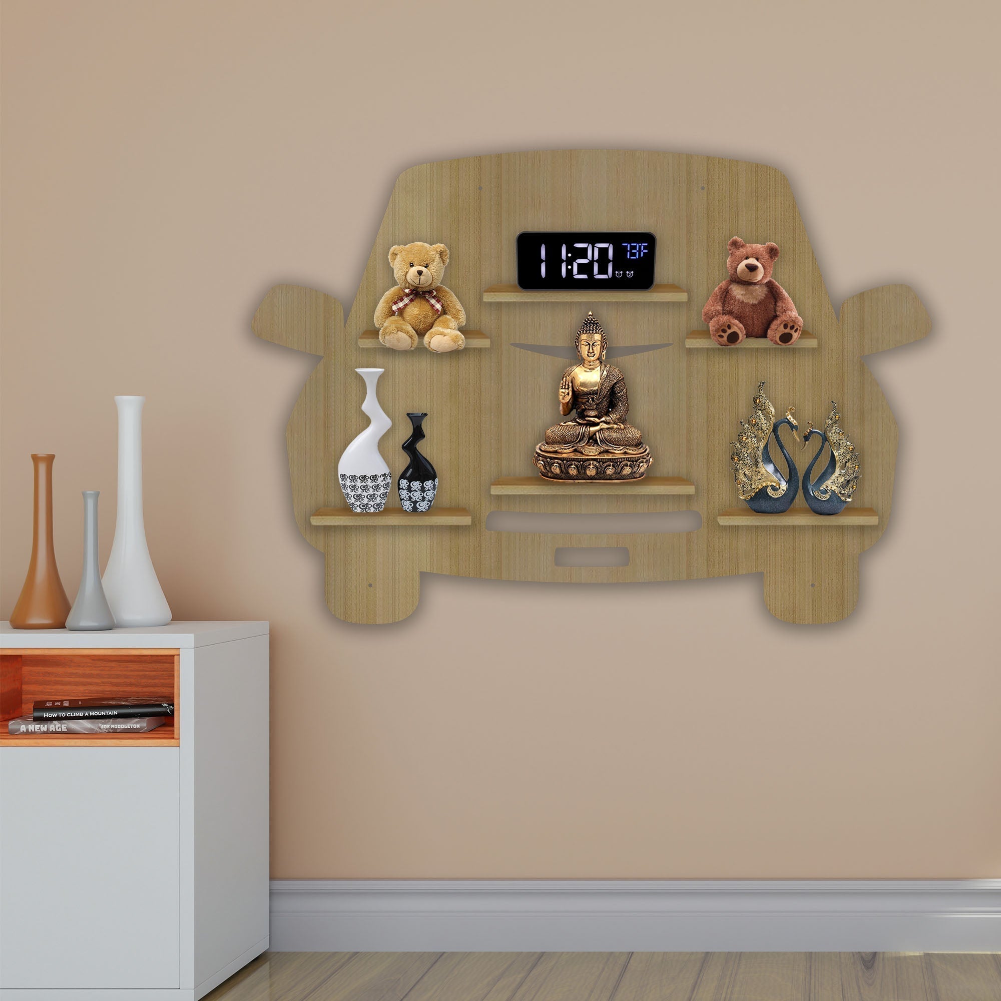 Designer Car Wooden LED Wall Shelf | Oak Finish Auto-Themed Storage & Display - Decormart