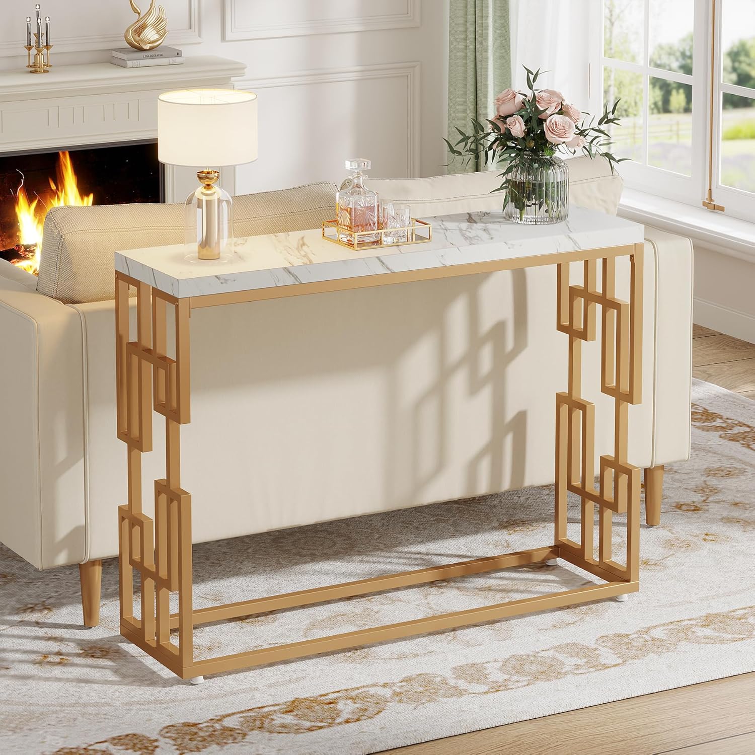 Designer Console Table with Unique Gold Frame and Marble Surface