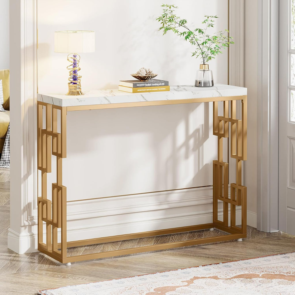 Designer Console Table with Unique Gold Frame and Marble Surface