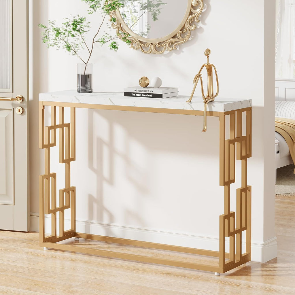 Designer Console Table with Unique Gold Frame and Marble Surface