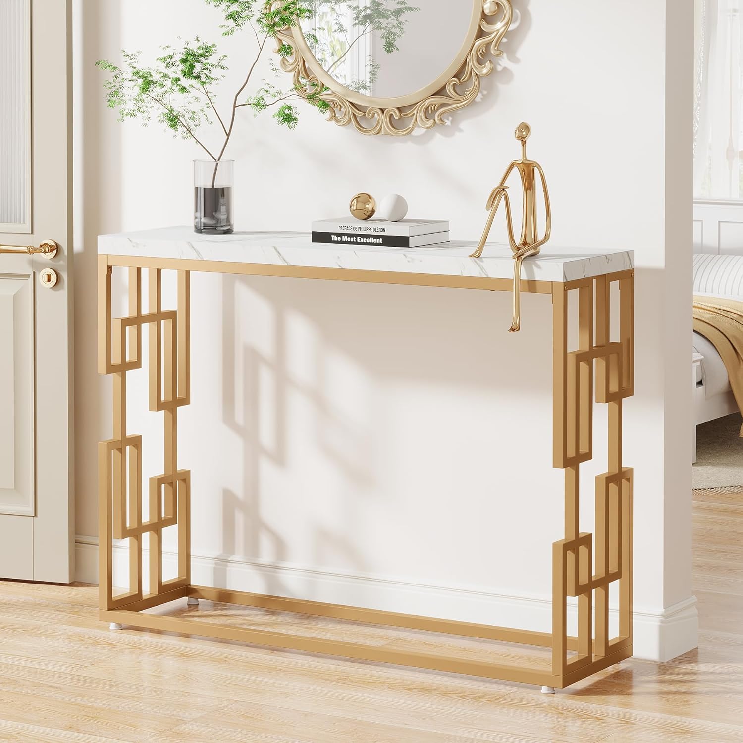 Designer Console Table with Unique Gold Frame and Marble Surface
