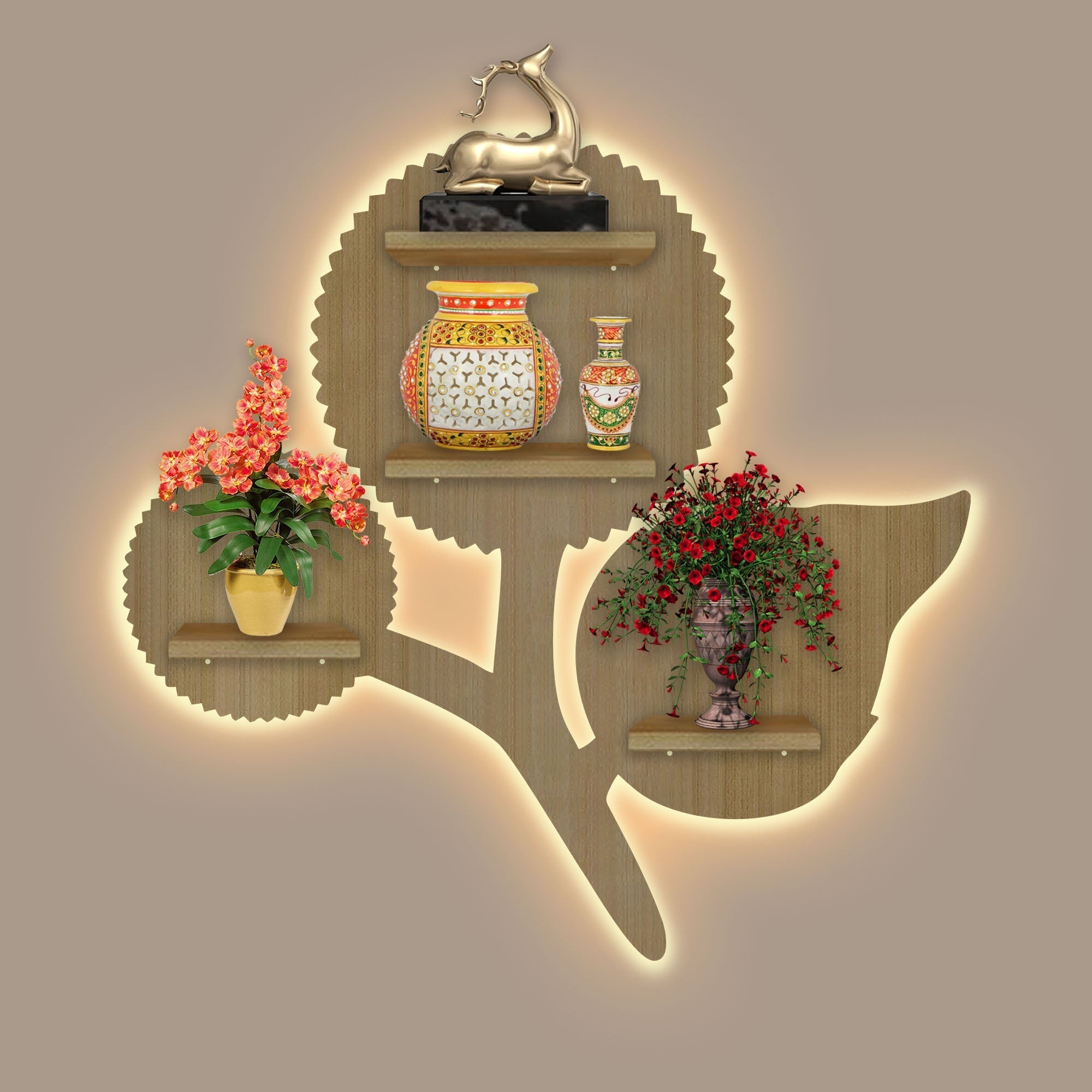 Designer Flower LED Wooden Wall Shelf | Oak Finish Decor - Decorsmart