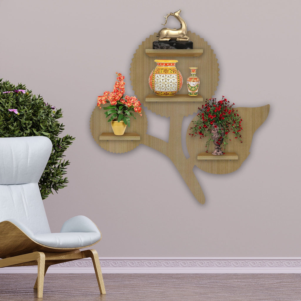 Designer Flower LED Wooden Wall Shelf | Oak Finish Decor - Decorsmart