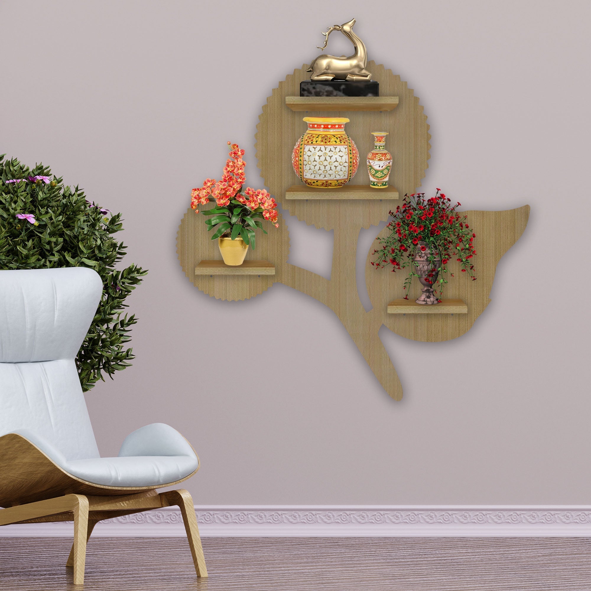 Designer Flower LED Wooden Wall Shelf | Oak Finish Decor - Decorsmart
