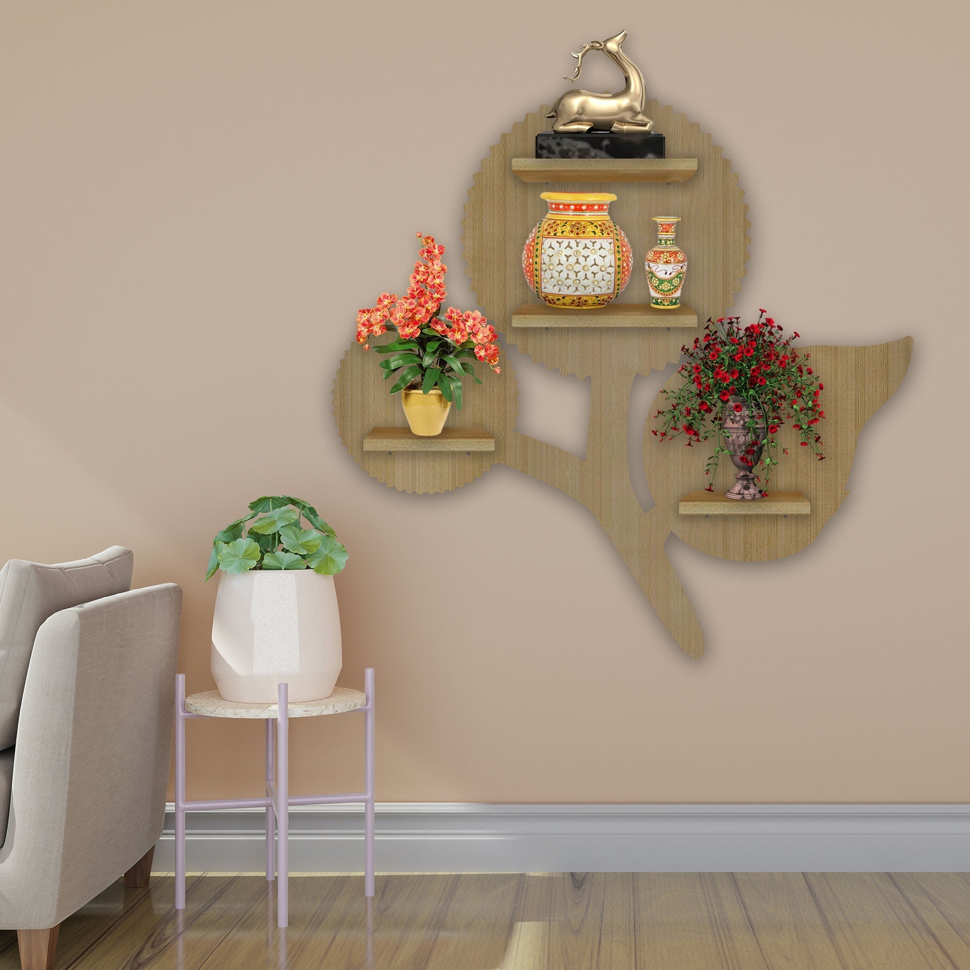Designer Flower LED Wooden Wall Shelf | Oak Finish Decor - Decorsmart
