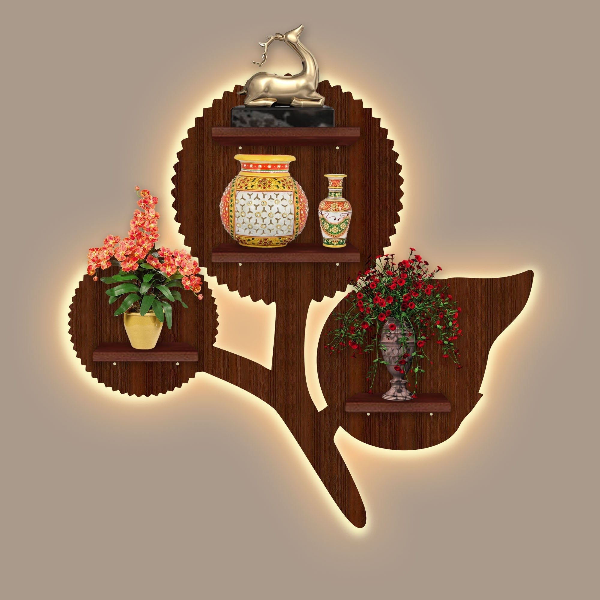 Designer Flower LED Wooden Wall Shelf | Walnut Finish Décor - Decorsmart