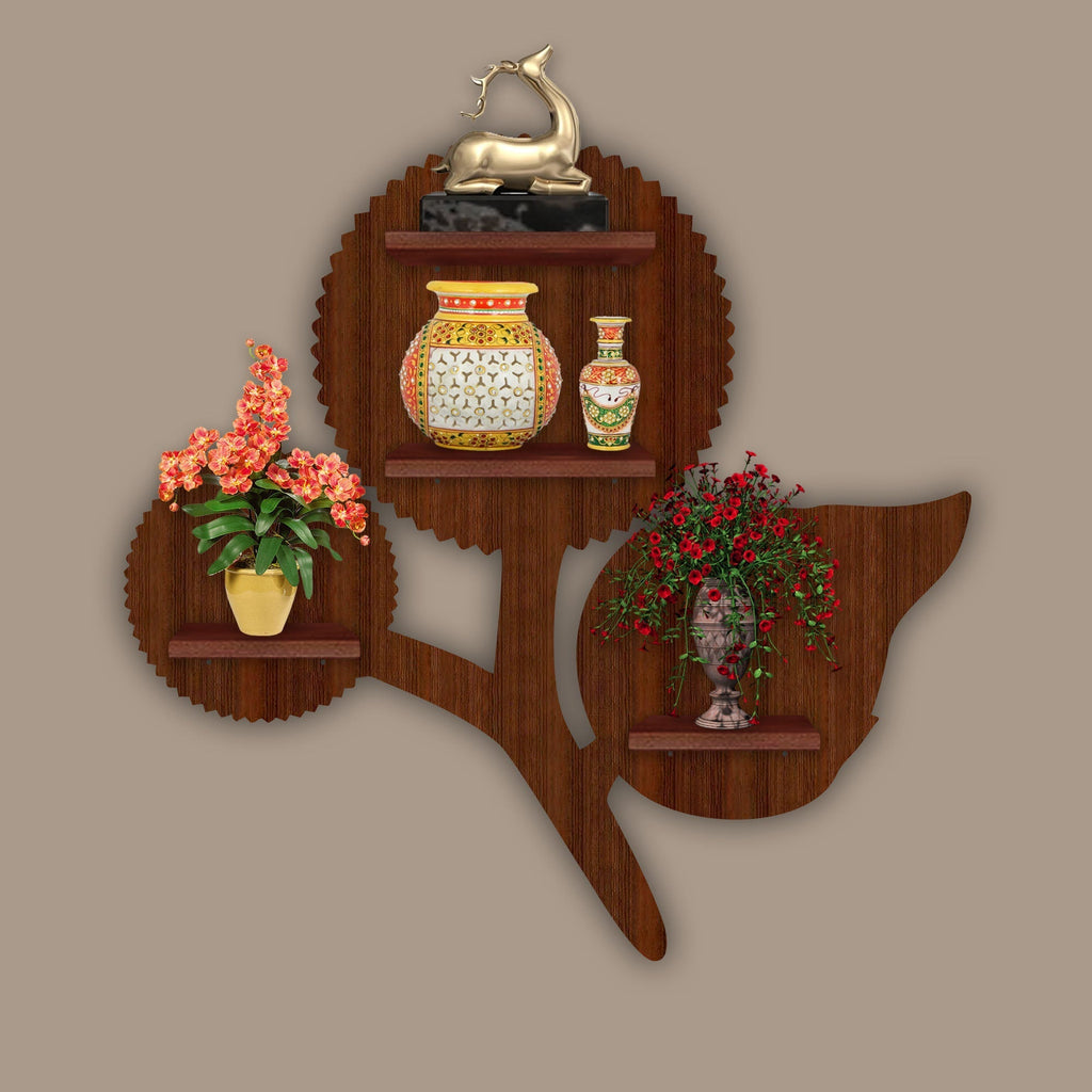 Designer Flower LED Wooden Wall Shelf | Walnut Finish Décor - Decorsmart