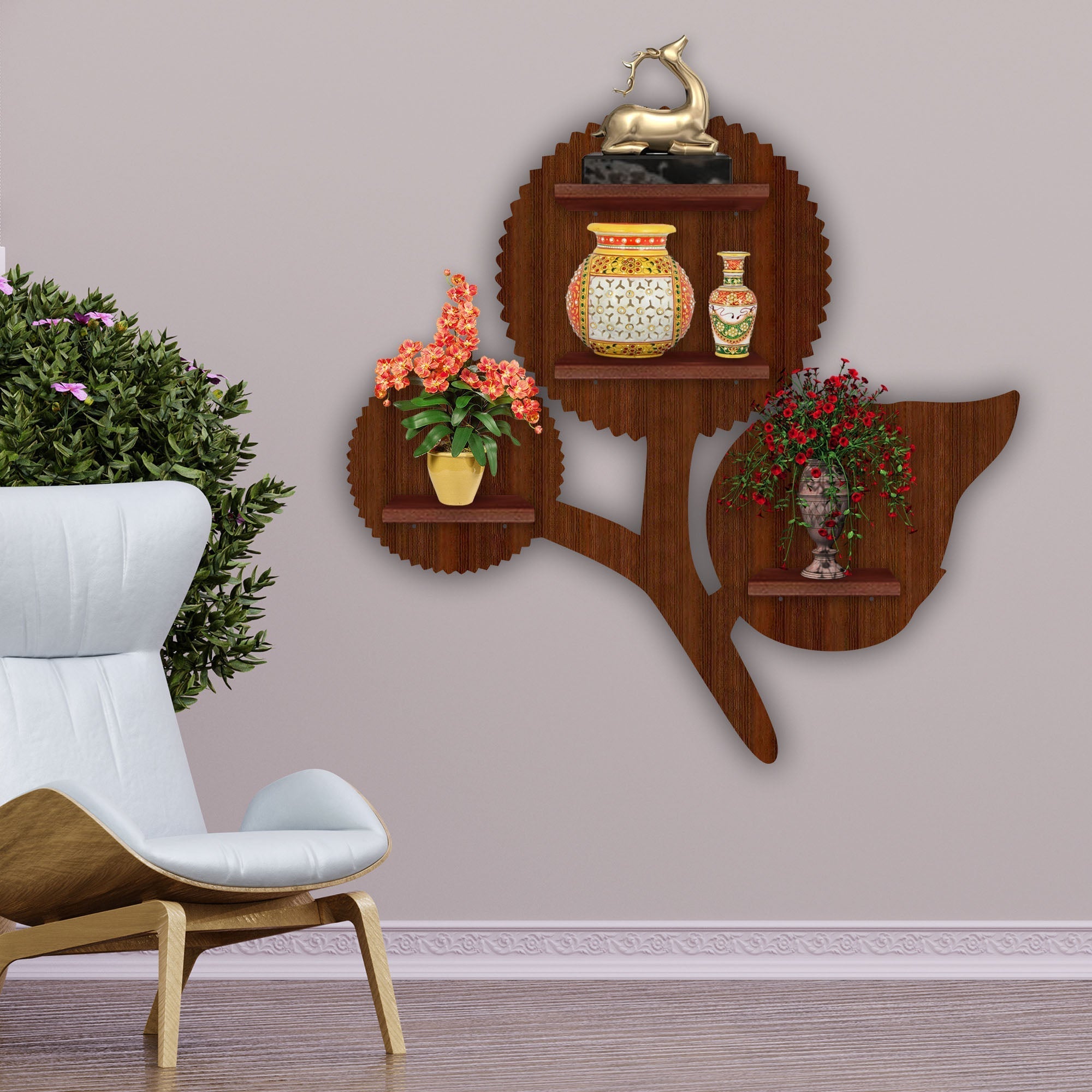 Designer Flower LED Wooden Wall Shelf | Walnut Finish Décor - Decorsmart