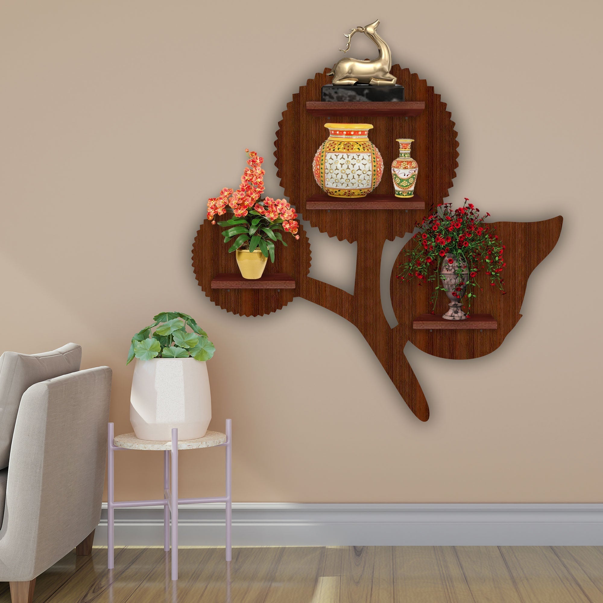 Designer Flower LED Wooden Wall Shelf | Walnut Finish Décor - Decorsmart