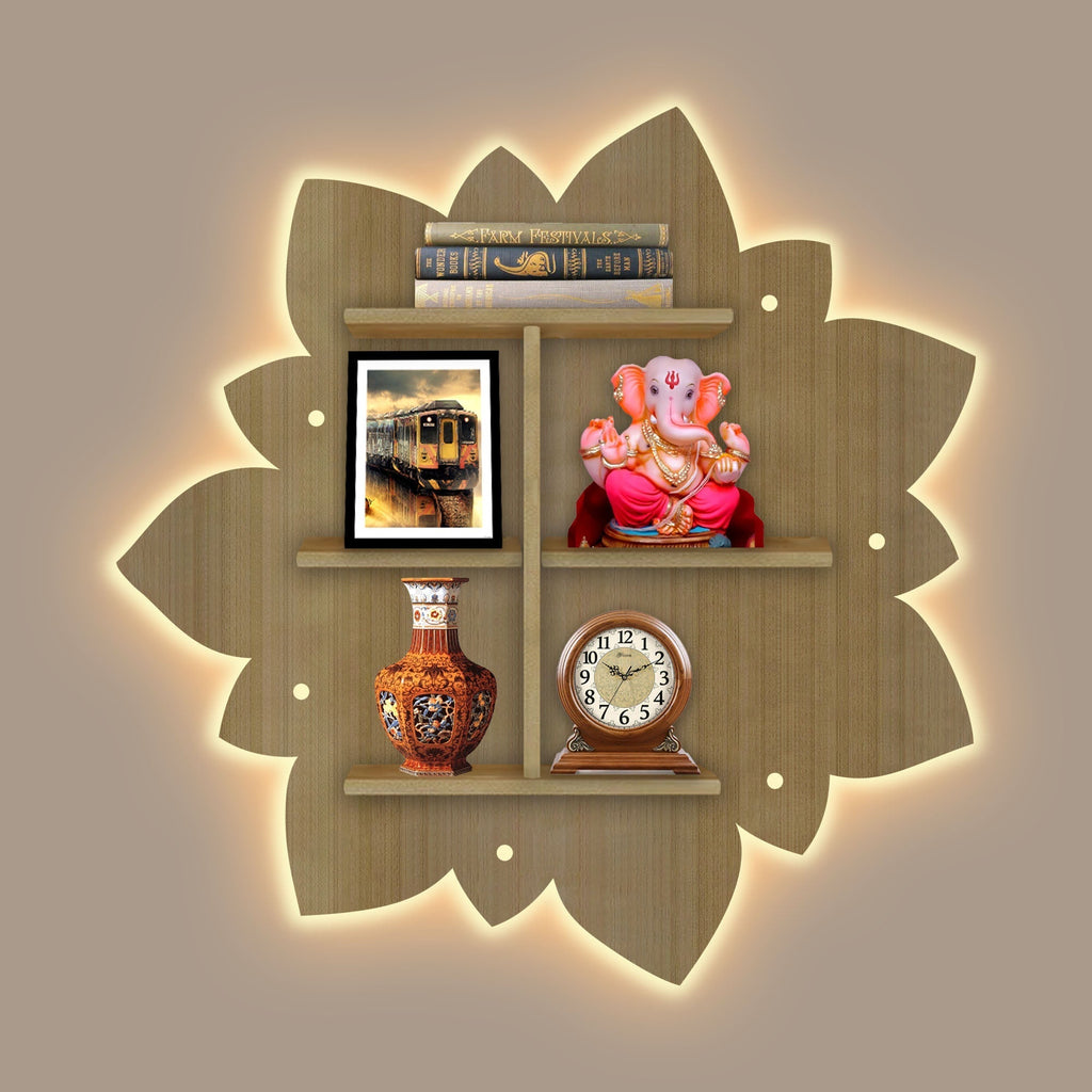 Designer Rangoli Shape Wooden LED Light Wall Shelf with Oak Finish