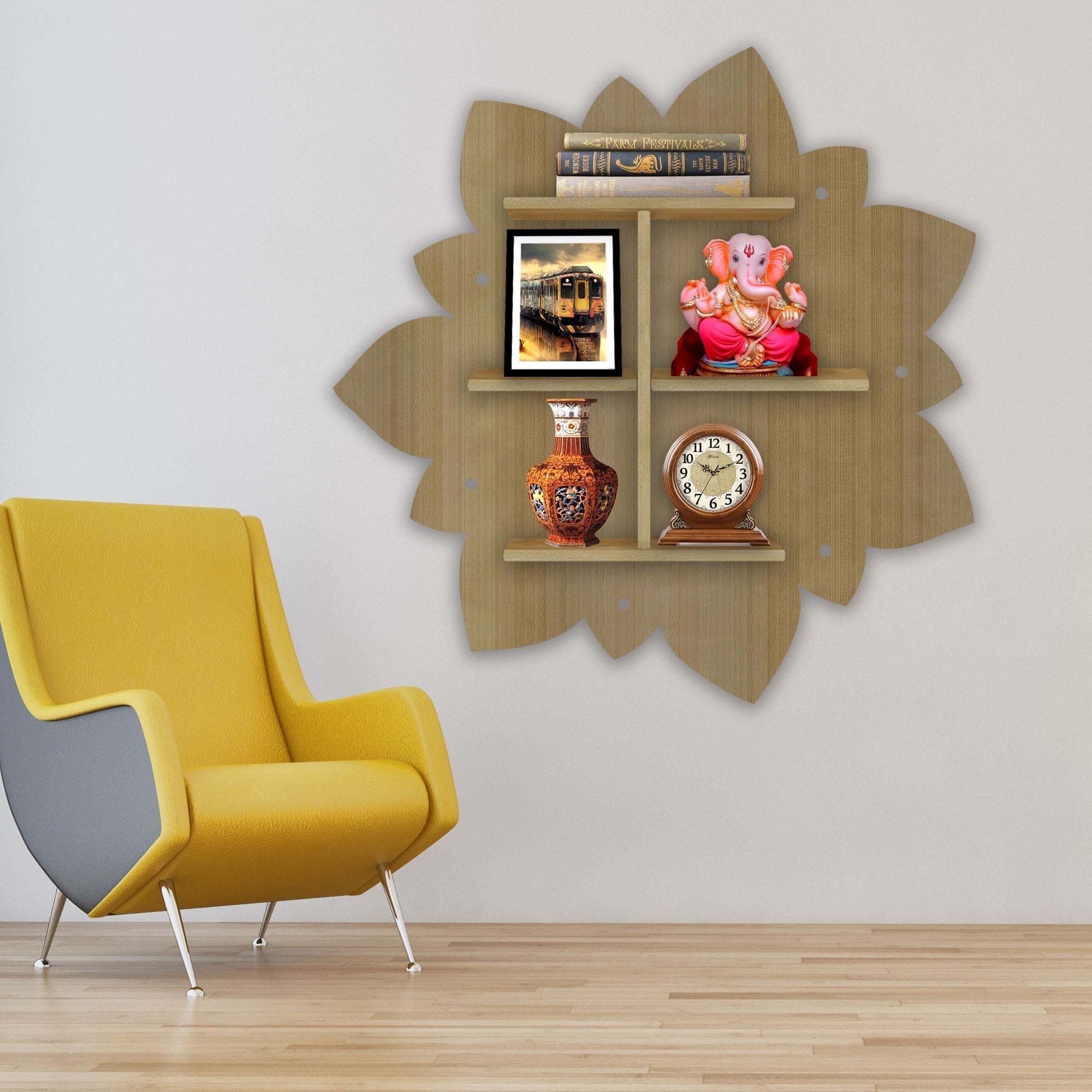 Shape Wooden LED Light Wall Shelf with Oak Finish