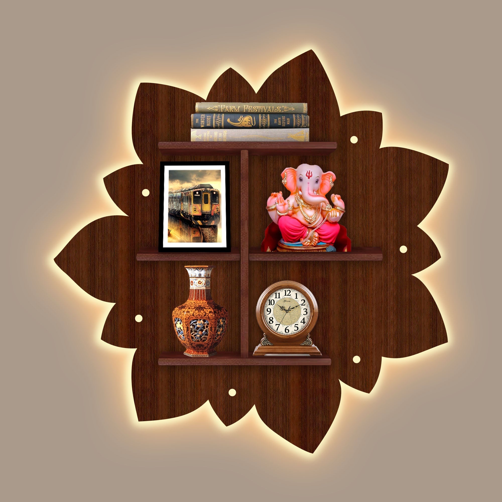 Designer Rangoli Shape Wooden LED Light Wall Shelf with Walnut Finish