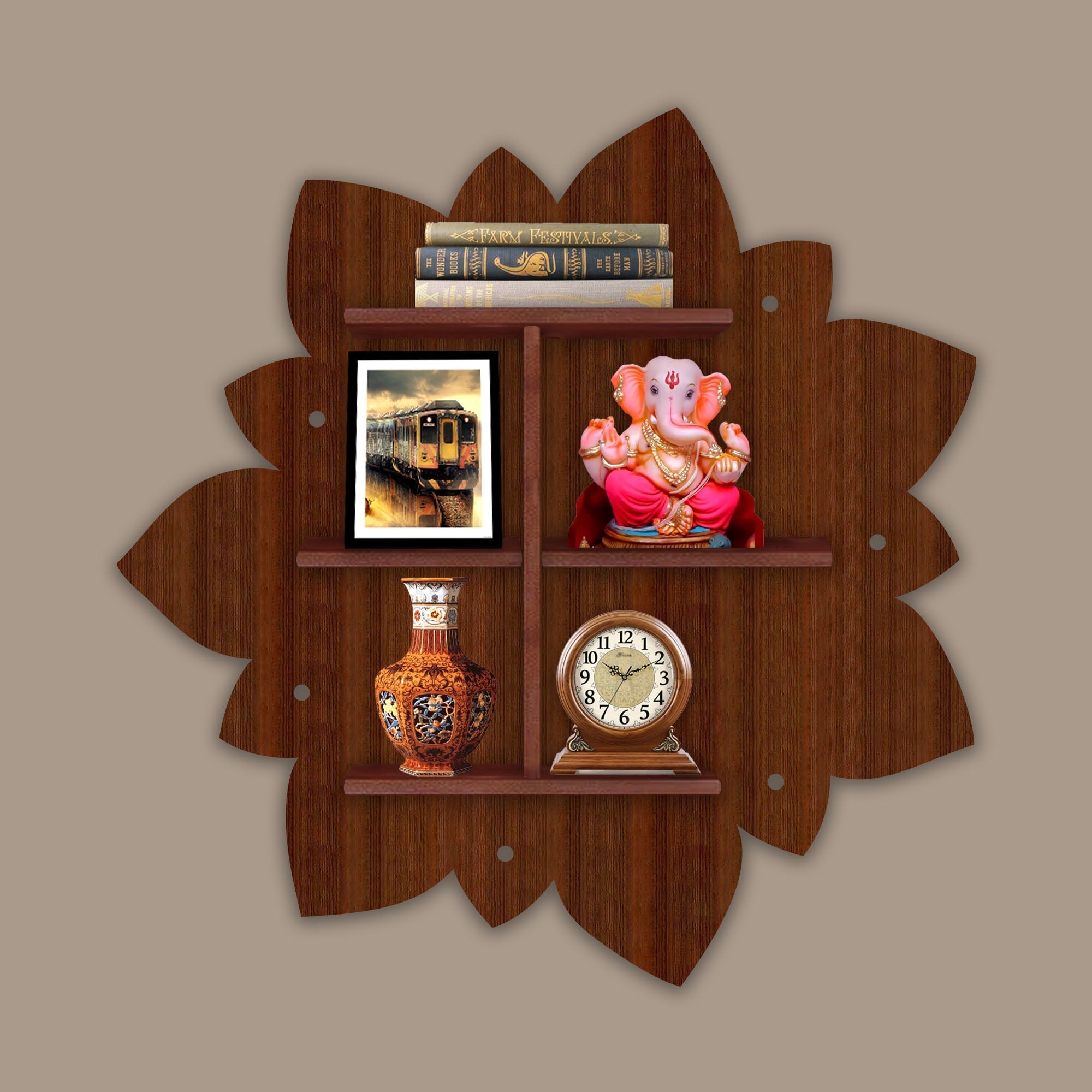  Shape Wooden LED Light Wall Shelf with Walnut Finish