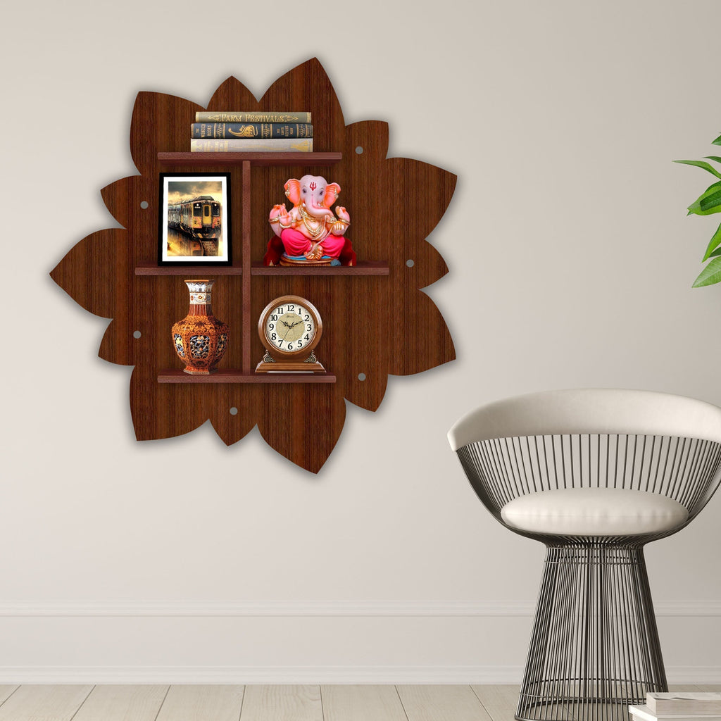  Rangoli Shape Wooden LED Light Wall Shelf with Walnut Finish
