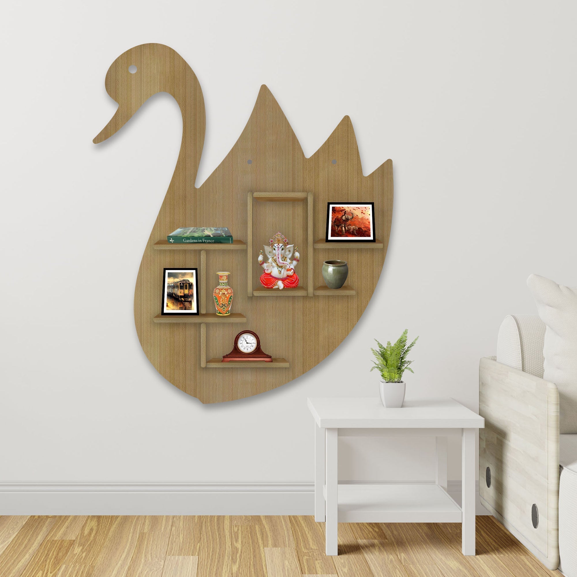 Designer Swan Shape LED Wall Shelf with Oak Finish | Backlit Display & Storage - Decorsmart
