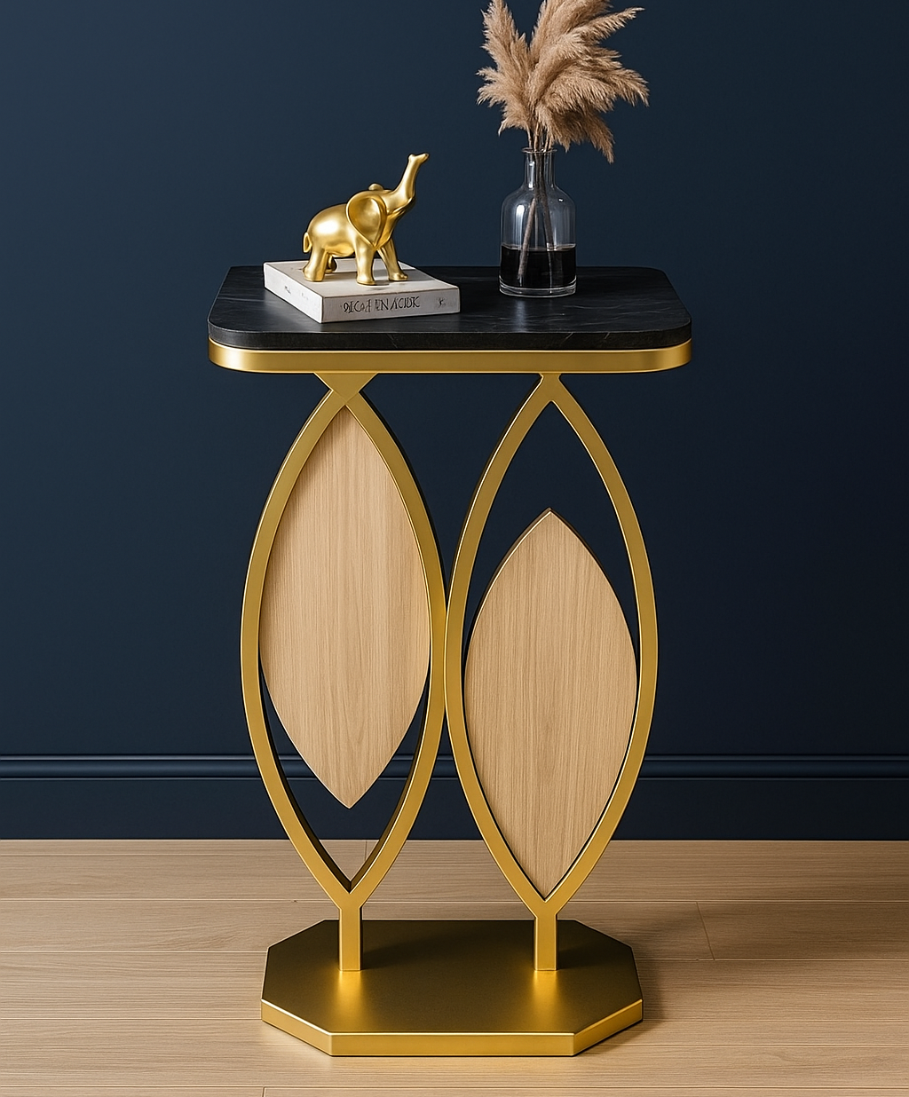 Elegant Black Marble Side Table with Gold Frame and Wooden Leaf Panels