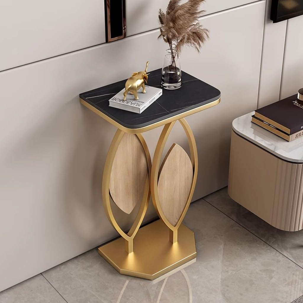 Elegant Black Marble Side Table with Gold Frame and Wooden Leaf Panels